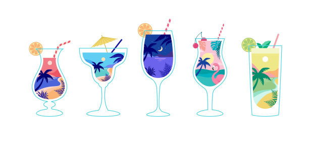 夏日时光的乐趣概念设计与鸡尾酒。创意的背景景观，全景的大海和海滩上的鸡尾酒杯。夏季销售，张贴模板图片下载