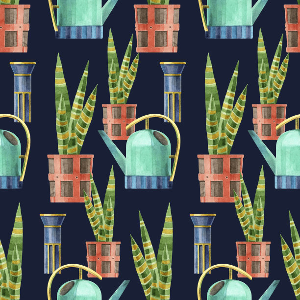 与绿松石喷壶、陶瓷花瓶和盆栽虎兰室内植物无缝搭配。在蓝色背景上手绘水彩插图。壁纸，包装，纺织品，花店。图片下载