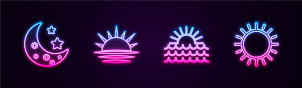 月亮和星星排成一线，夕阳和发光图片下载