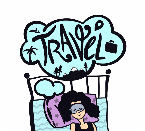 女人梦想旅行。梦之旅。女孩需要一个假期。刻字的概念。等待假期。平面设计。图片下载