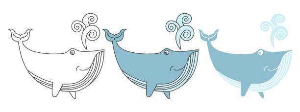 鲸鱼设计向量。剪纸艺术卡通插图。黑色和白色的轮廓元素图片下载