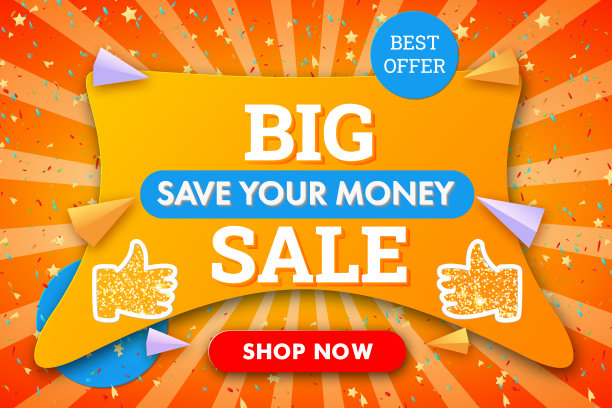 大减价现代水平横幅背景与五彩纸屑。横幅模板折扣，商业，广告，促销。蓝色,红色,黄色。日光背景上的矢量插图图片下载