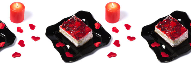 黑色盘子上自制蛋糕的无缝图案，白色背景上孤立的心和蜡烛燃烧。情人节、生日、婚宴的节日食物。图片下载