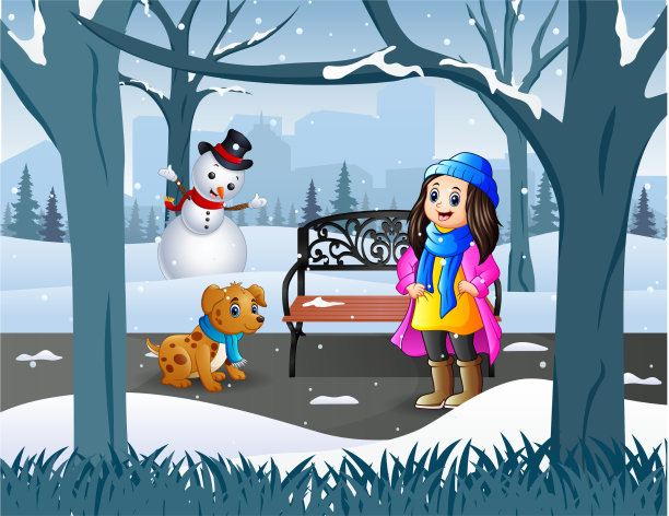 一个女孩和她的宠物在白雪覆盖的公园散步图片下载