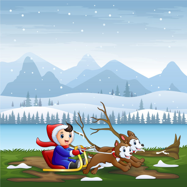 快乐的男孩坐在雪橇上拉着两只狗图片下载