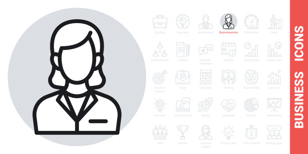 商业女性或商业女性偶像。穿着西装的女人。简单的黑白版由一系列商业图标组成图片下载