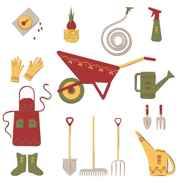 一套园艺工具。喷壶，围裙，铲子，手推车，挖，手套，靴子，耙子，喷水管。图片下载