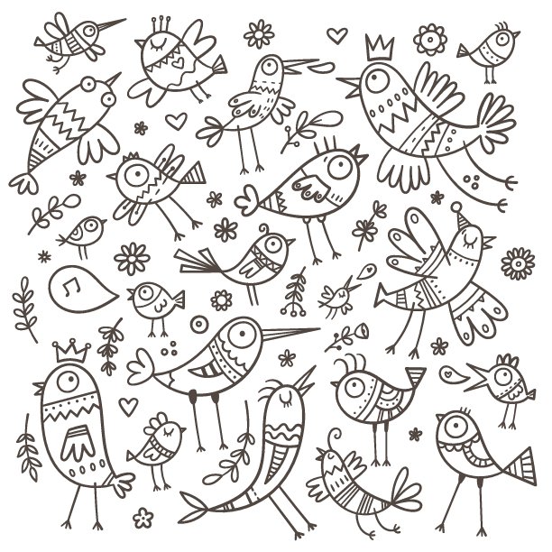 可爱的卡通小鸟。收集有趣的动物。涂鸦工厂印刷。媒介植物和花卉海报。图片下载