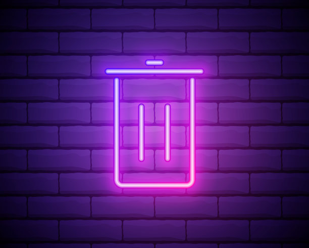 霓虹灯线垃圾桶图标孤立在砖墙的背景。垃圾桶的迹象。回收篮图标。办公室垃圾图标。矢量图图片下载