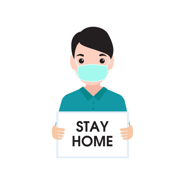 男孩戴着医用口罩，手里拿着海报，写着“呆在家里”。矢量图图片下载