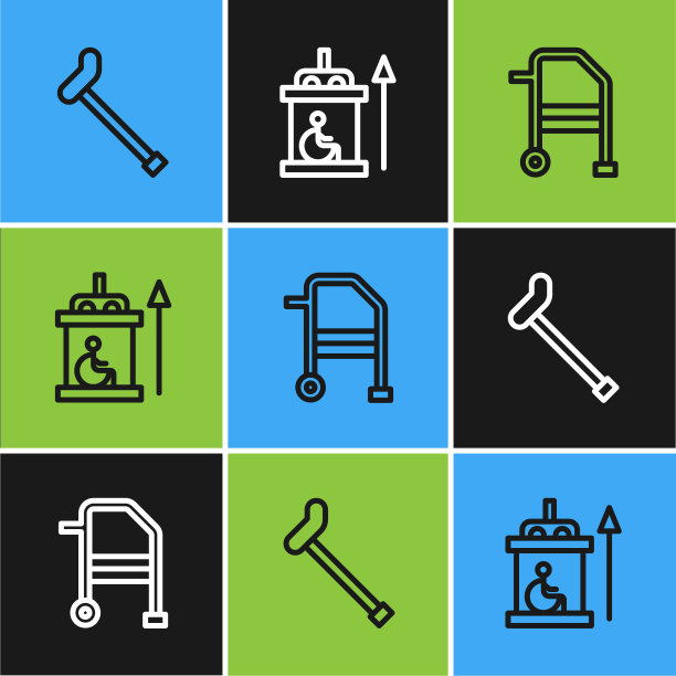 设置残疾人拐杖、助行器、电梯等图标。向量图片下载