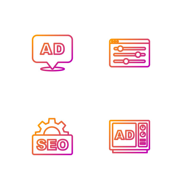 设置线广告，SEO优化，浏览器设置。渐变颜色图标。向量图片下载