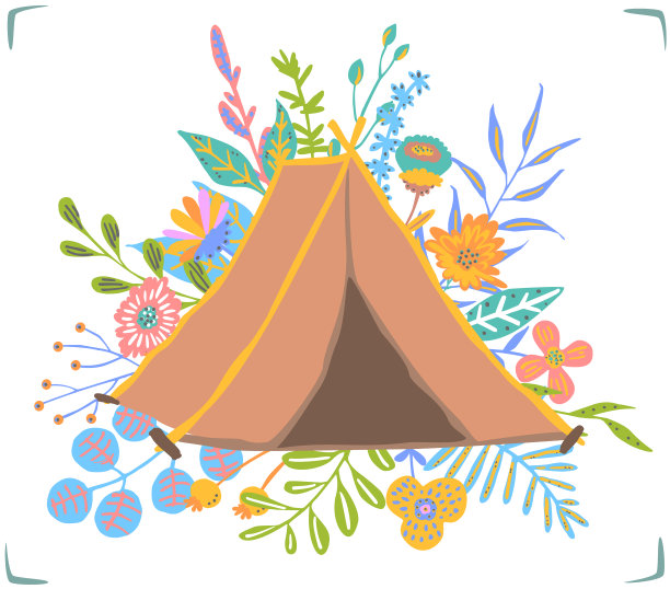 复古露营帐篷装饰与花卉元素矢量插图图片下载