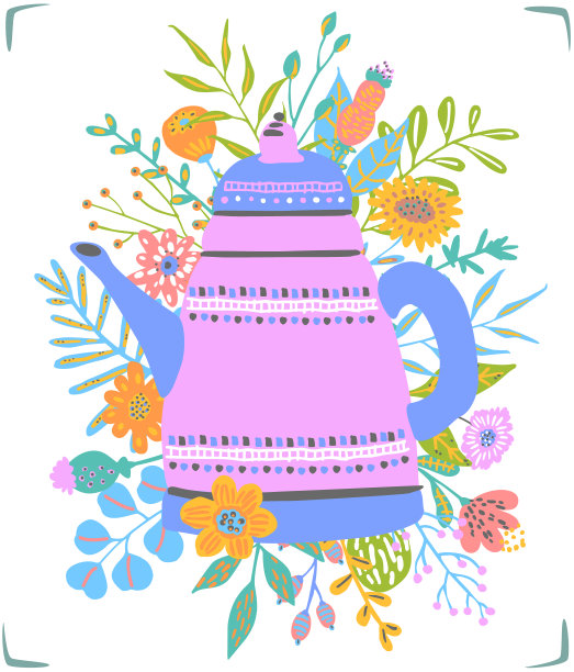 复古的粉红色和蓝色咖啡壶装饰花卉花束矢量插图图片下载