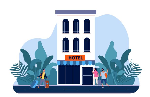 朋友度假：男女在酒店门口的行李箱旁，享受假日放松，矢量插画图片下载