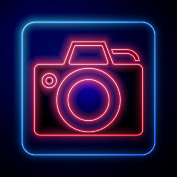 发光的霓虹灯照片相机图标孤立在蓝色图片下载