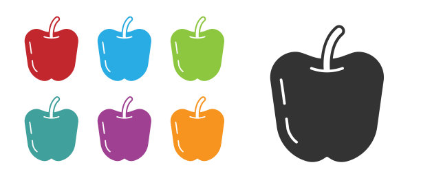 黑苹果图标孤立在白色背景。水果与叶子的象征。设置图标丰富多彩。向量图片下载