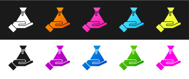 设置贿赂钱袋图标孤立的黑色和白色的背景。比尔的货币。向量图片下载