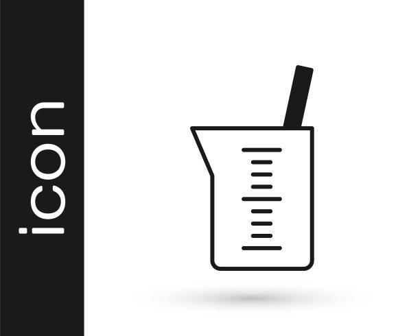 黑色实验室玻璃器皿或烧杯图标孤立在白色背景上。向量图片下载