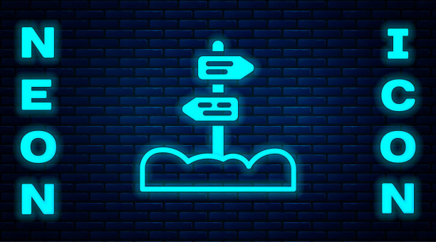 发光的霓虹灯是道路交通标志。在砖墙背景上孤立的路标图标。指针的象征。街道信息信号。方向的信号。向量图片下载