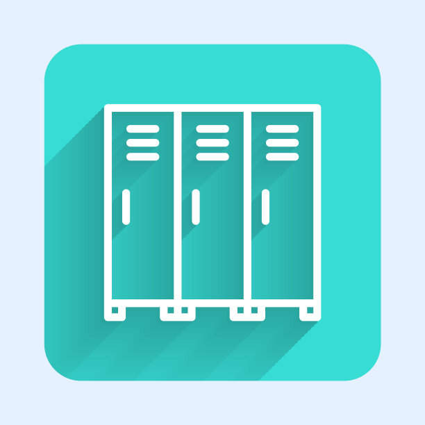 白色线储物柜或更衣室的曲棍球，足球，篮球队或工人图标孤立与长影子。绿色广场按钮。向量图片下载