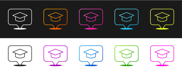 设置毕业帽在语音气泡图标孤立的黑白背景。带流苏图标的毕业帽。向量图片下载