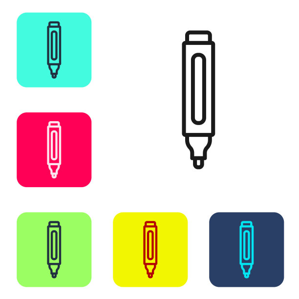 黑线标记笔图标隔离在白色背景上。在彩色方形按钮中设置图标。向量图片下载