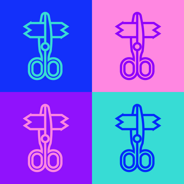 流行艺术线剪刀图标孤立的颜色背景。裁缝的象征。刀具标志。向量图片下载