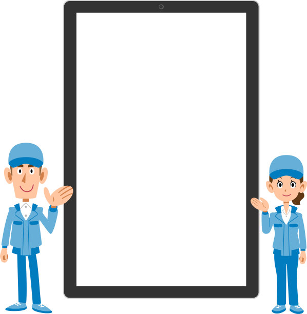 穿着工作服的男人和女人在平板电脑前引导图片下载