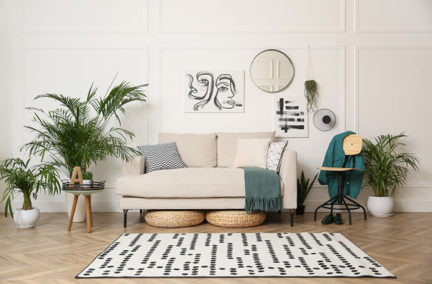 时尚的客厅内部与美丽的室内植物图片下载