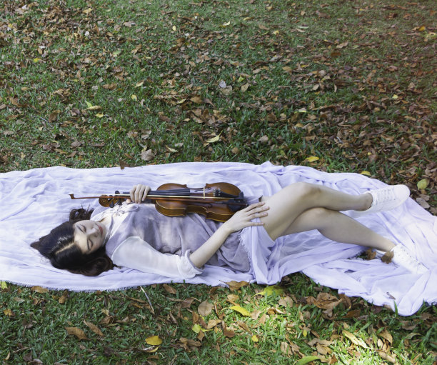 年轻美丽的淑女淑女坐在绿色的草地上，手里拿着小提琴和弓，摆着姿势，图片下载