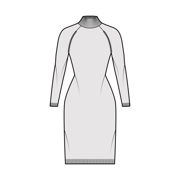 高领毛衣技术时尚插图，长袖，合身的身体，及膝，针织装饰图片下载