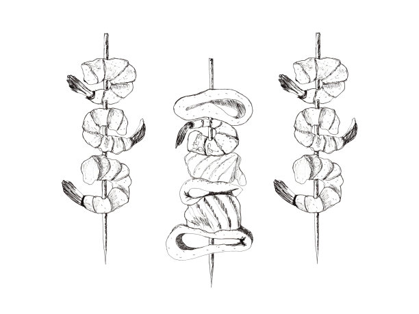 海鲜烧烤。混合海鲜。虾、鱿鱼、鲑鱼。手绘插图。白色背景。图片下载