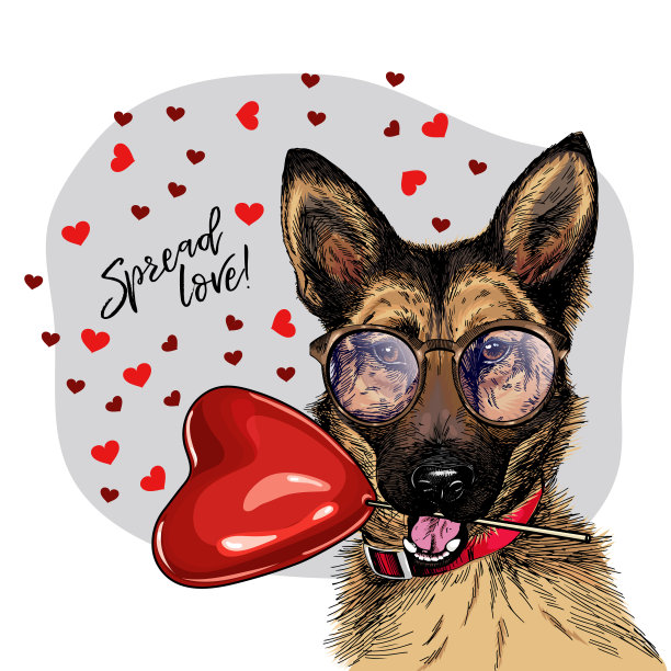 手画心形气球的德国牧羊犬。矢量情人节贺卡，海报。可爱的彩色狗戴眼镜，项圈和领带。浪漫的设计。可爱的宠物画像。传播爱。图片下载