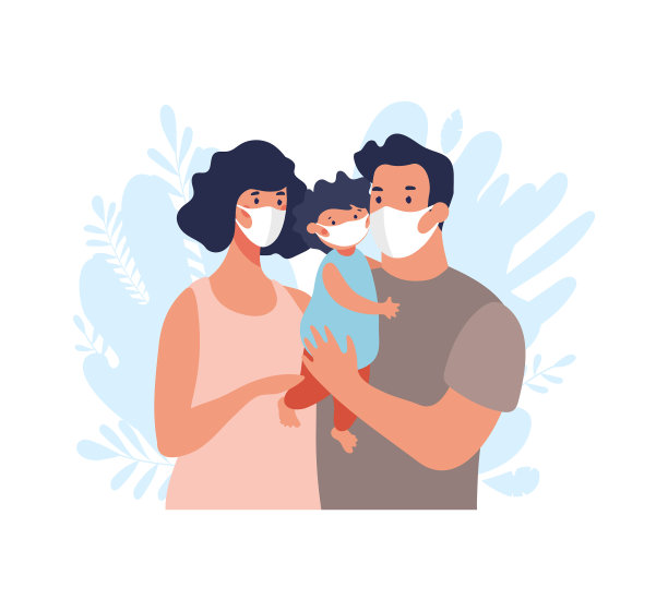 一个有孩子的家庭戴着医用口罩图片下载