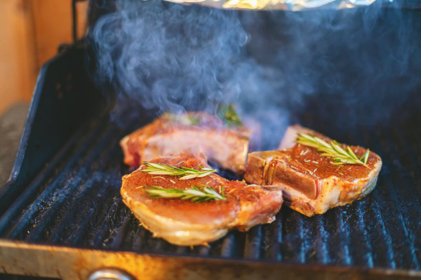 猪排烹饪户外露天烧烤与烟和火焰照片系列图片下载