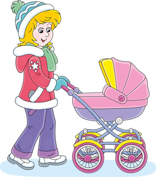 年轻的妈妈和马车走在一起图片下载