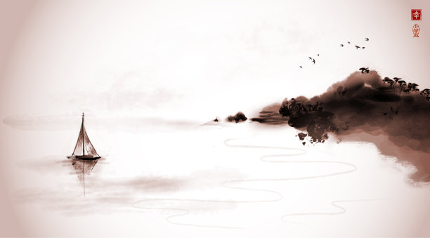 东方日出海景与渔船，红日和岩石海岸与树木复古风格。传统东方水墨画梅花、梅花、梅花。象形文字——幸福。图片下载