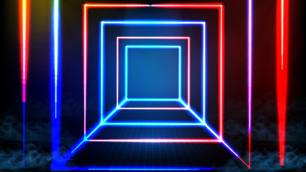 抽象的未来主义背景蓝色霓虹方形框架和灯光聚光灯舞台背景图片下载
