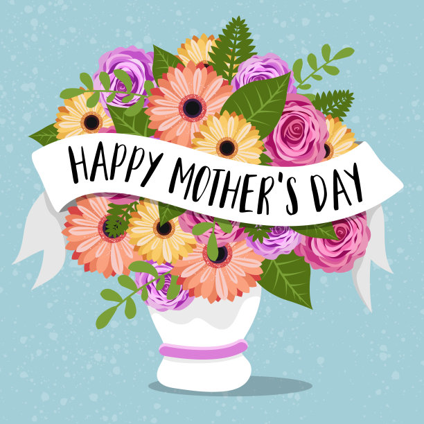 母亲节贺卡与彩色鲜花在一个花瓶和字母插图向量图片下载