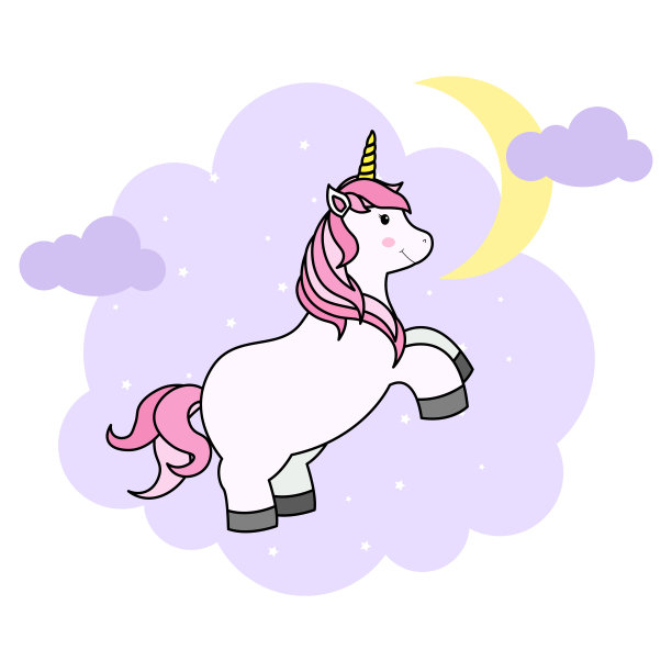 可爱的卡通独角兽在云和彩虹印花t恤或贴纸，壁纸背景和手绘插图的孩子图片下载