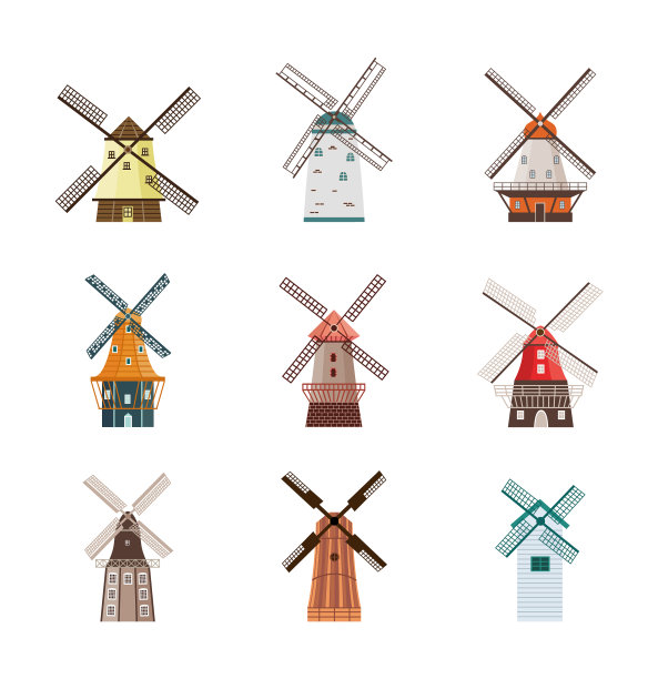 设置彩色卡通风车图标平坦图片下载