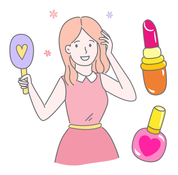 可爱的年轻女孩微笑着化妆品，口红和指甲油图标，拿着刷子图片下载