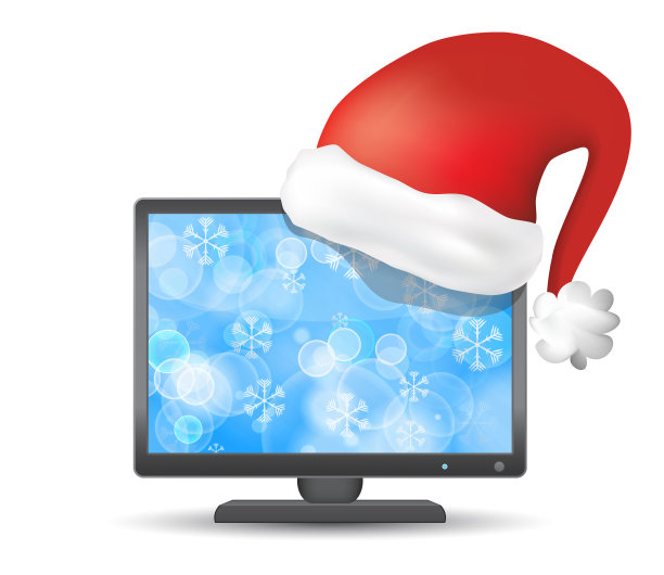 纯平电视与圣诞老人帽孤立在白色背景图片下载