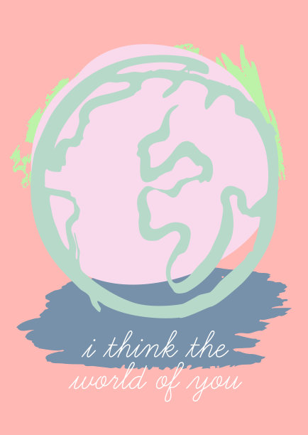我想全世界的你。深情友情友情短信短信短信说短短的一句话。爱的笔记与行星地球世界插图。柔和的颜色手风格的字母在珊瑚红粉红色的背景。母亲节情人节明信片横幅图片下载