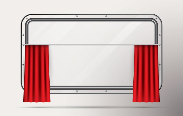 火车窗户与红色窗帘在米色背景。火车内部的现实观。图片下载