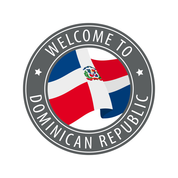 欢迎来到多米尼加共和国。灰色邮票和飘扬的国旗。图片下载