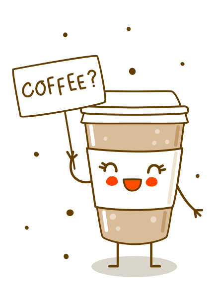 可爱的咖啡杯与旗帜孤立的白色-卡通人物为快乐的设计图片下载