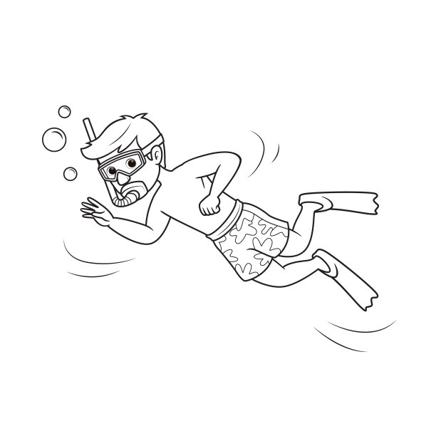 矢量插图的一个人浮潜在海上孤立的白色背景。娱乐活动的概念。孩子着色页面。彩色卡通人物剪贴画。图片下载