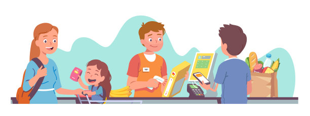一对夫妇带着孩子在超市购物。收银台响出食物，拿手机用NFC POS无线支付，收银台收银机平面矢量图图片下载
